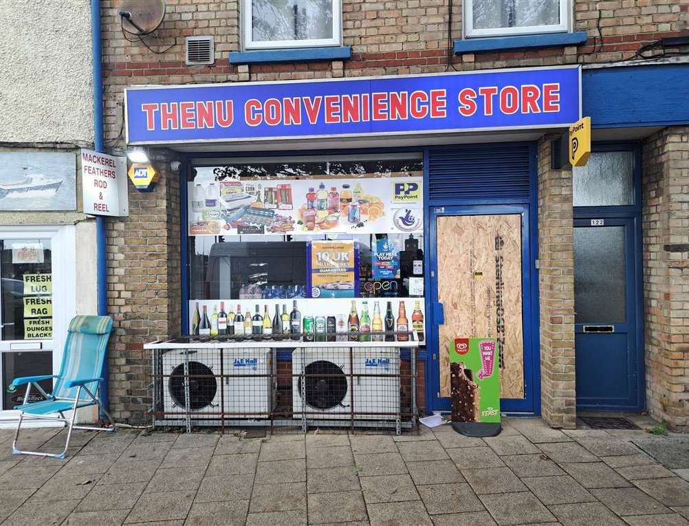 The door to Thenu Convenience Store in Snargate Street, Dover, was boarded up following the incident
