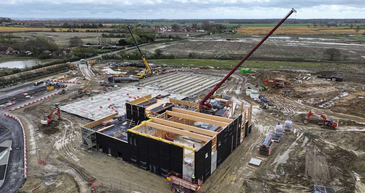 An aerial shot shows the progress on the construction of Chilmington Green Secondary School. Picture: Bowmer + Kirkland